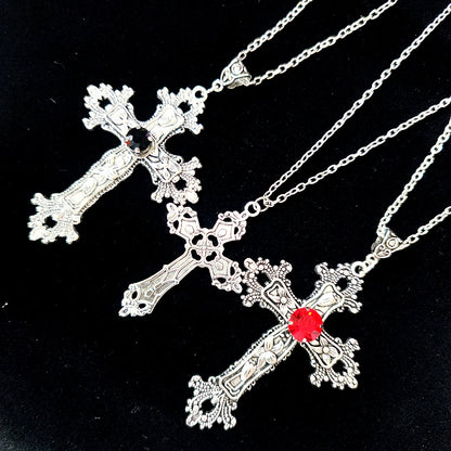 Vintage Baroque cross pendant necklace with gothic grunge chain, Y2K style jewelry for men and women, stylish and unique accessory.