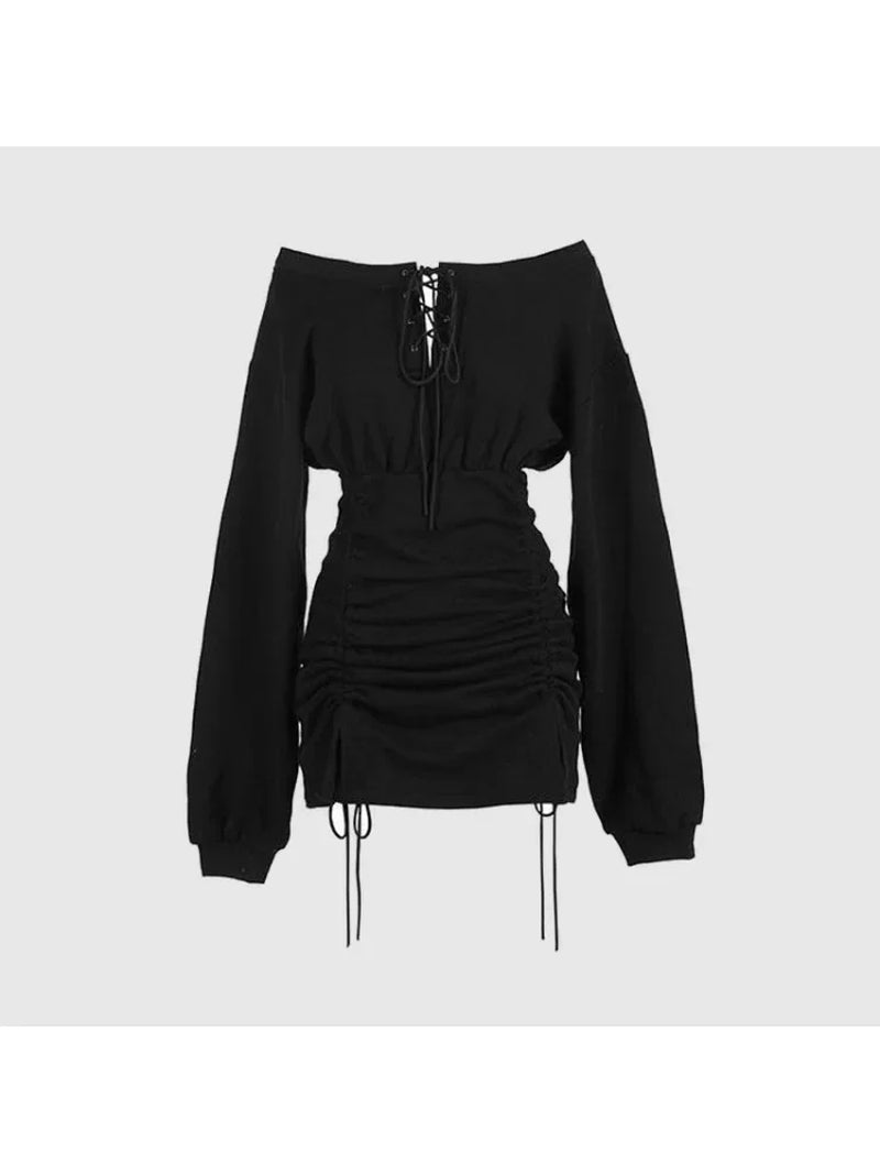 Off-shoulder pleated black sheath dress by PressureDen.store featuring lace-up goth style, perfect for spring and summer grunge fashion.