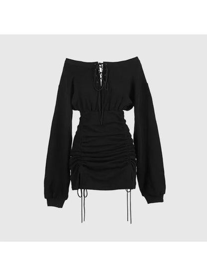 Off-shoulder pleated black sheath dress by PressureDen.store featuring lace-up goth style, perfect for spring and summer grunge fashion.