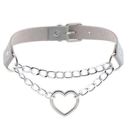 Black leather Gothic heart choker necklace with chain detail, perfect for punk and emo style fashion accessories.