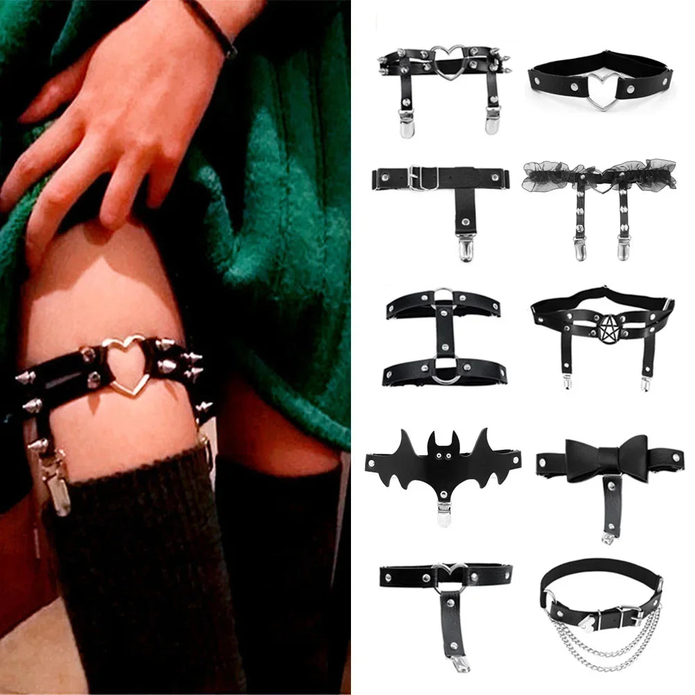 Sexy Leather Heart Belt Elastic Leg Thigh Garter Girl Women Harness Goth Accessories Black Gothic Rivet Punk Anklet