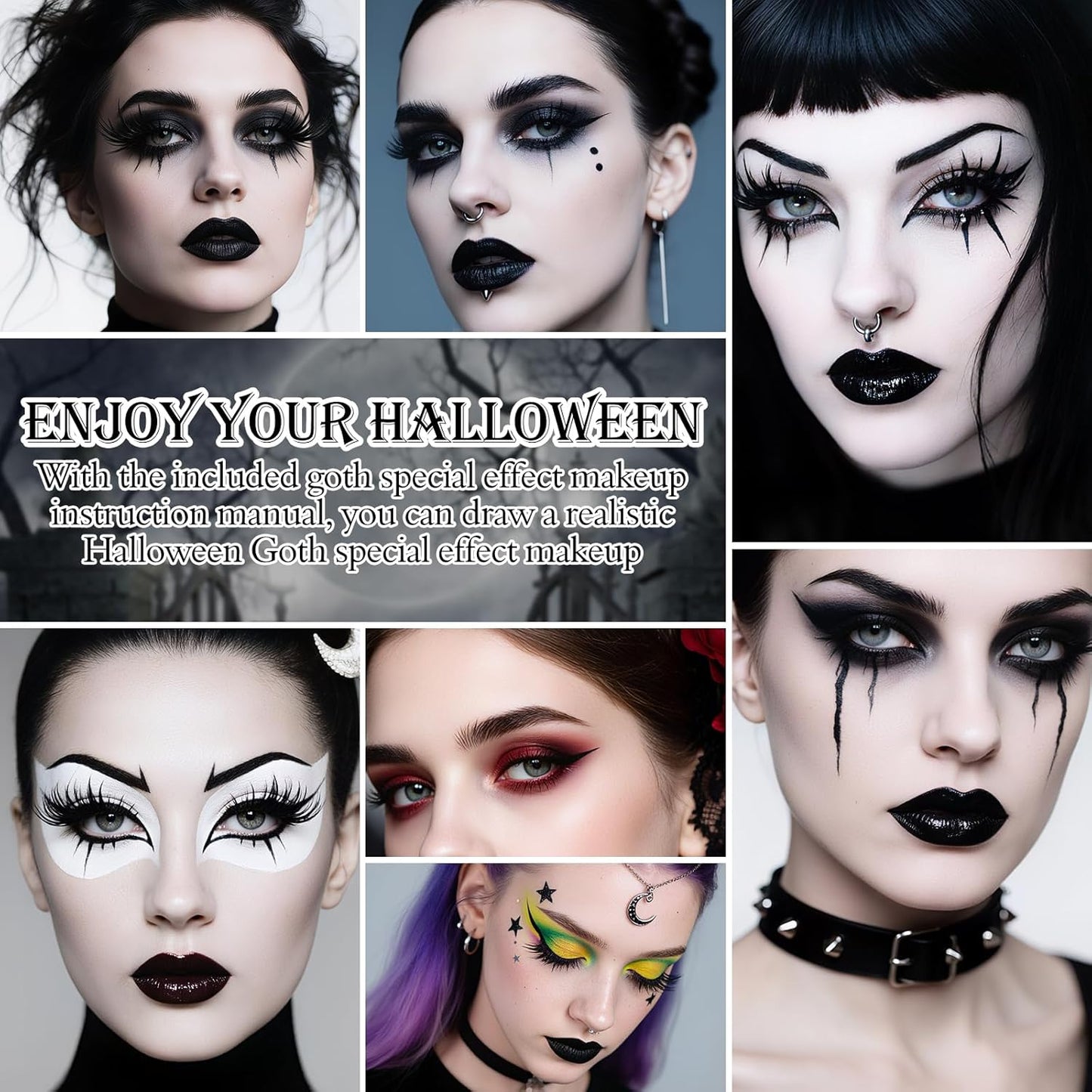 Halloween Goth SFX Makeup Kit, Complete Gothic Makeup Set Include White Liquid Foundation, Eyeliner, Setting Powder, Eyeshadow & Black Lipstick for Halloween Cosplay, Carnival, Theater