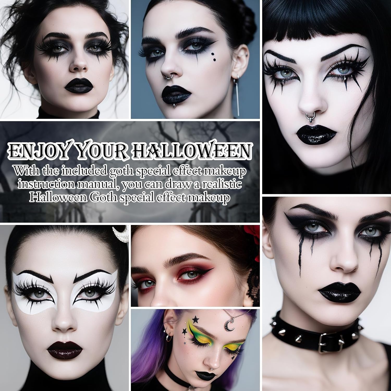 Halloween Goth SFX Makeup Kit, Complete Gothic Makeup Set Include White Liquid Foundation, Eyeliner, Setting Powder, Eyeshadow & Black Lipstick for Halloween Cosplay, Carnival, Theater