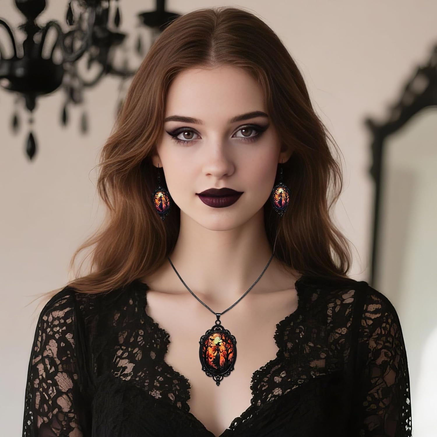 Mystic Witch Gothic Bat Glass Pendant Necklace, Victoria Cameo Black Stainless Steel Rope Chain Witchy Jewelry Choker with Earrings for Women for Halloween