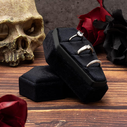 Velvet Coffin Ring Box Case Holder 3 Slots for Gothic Wedding Ceremony,Gothic Jewelry Organizer Decorations (Black)