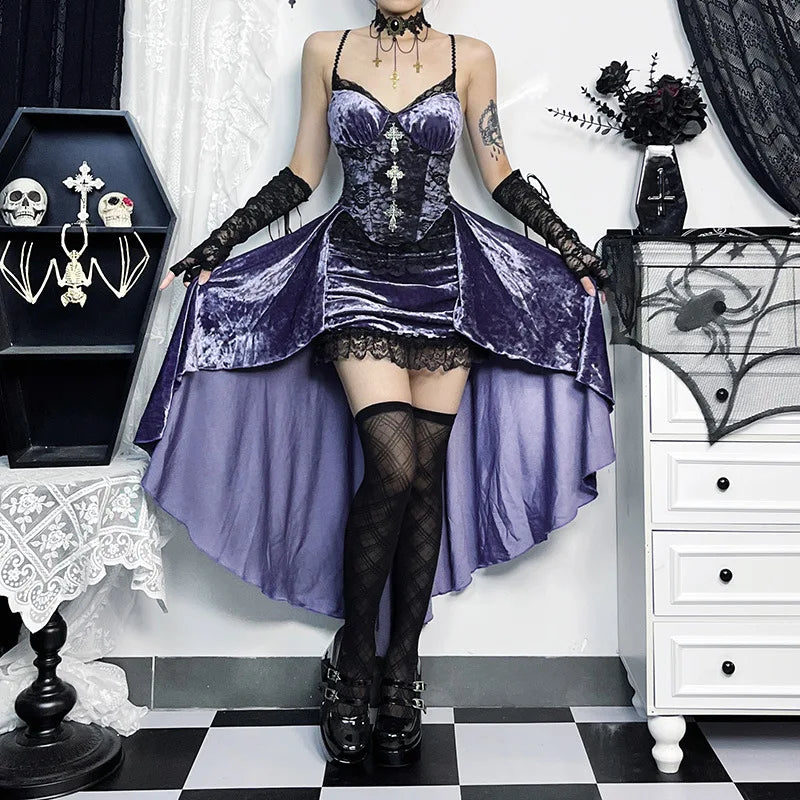 Elegant Victorian Gothic velvet A-line dress with lace hem, perfect for evening and Lolita partywear by PressureDen.