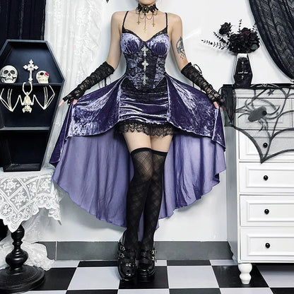Elegant Victorian Gothic velvet A-line dress with lace hem, perfect for evening and Lolita partywear by PressureDen.