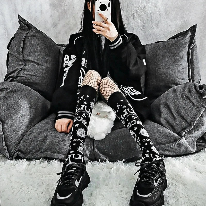 Gothic punk Harajuku star and moon knee socks with retro Y2K Ouija board design for women and girls, featuring black and white pattern.