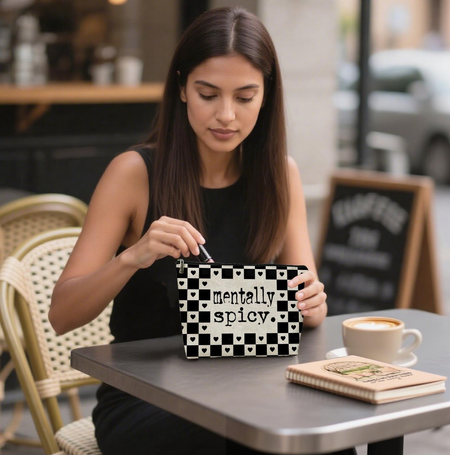Alternative Makeup Bag, Edgy ‘Mentally Spicy’ Checkered Makeup Bag, Gift for Goth Lovers Women Girls Friend Daughter, Self Expression Graduation Birthday Friendship Gifts 10×7 Inch
