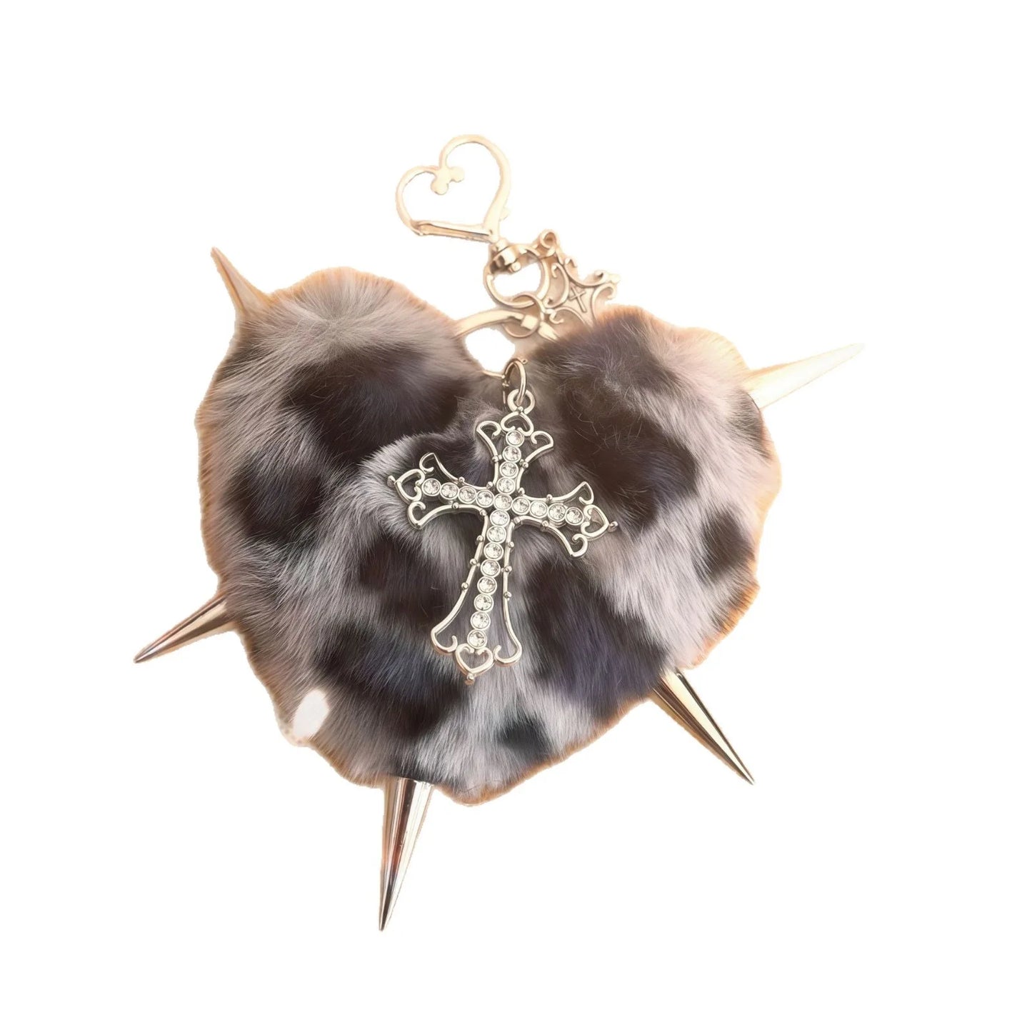 Leopard print punk rivet cross keychain with heart charm, goth style grunge accessory for bags and keys.