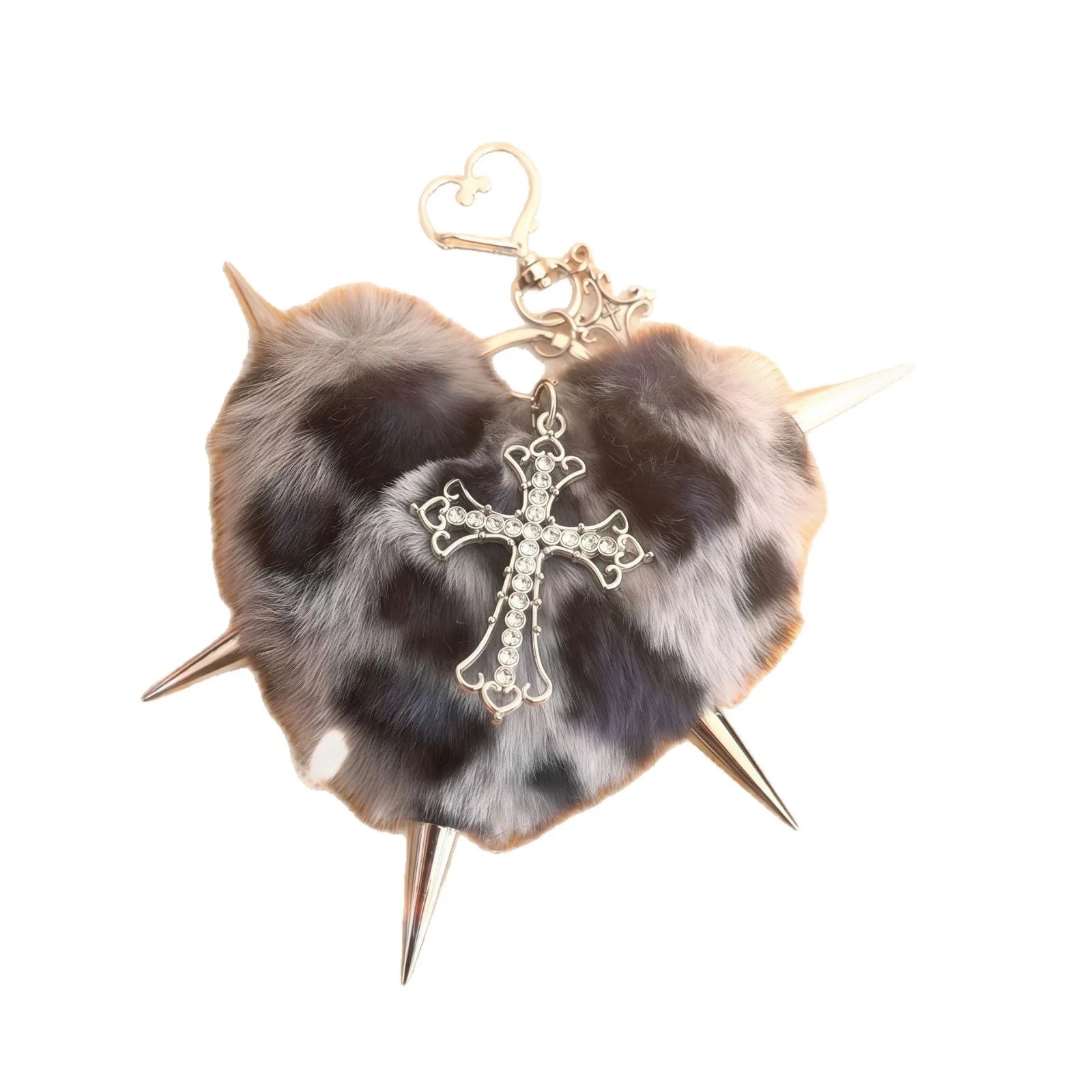 Leopard print punk rivet cross keychain with heart charm, goth style grunge accessory for bags and keys.