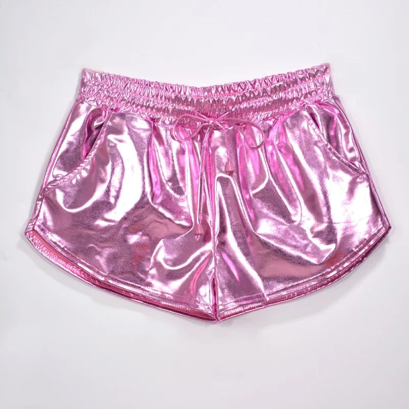 Summer Festival Ready: Women's Holographic Metallic Elastic Drawstring Shorts for Effortless Style