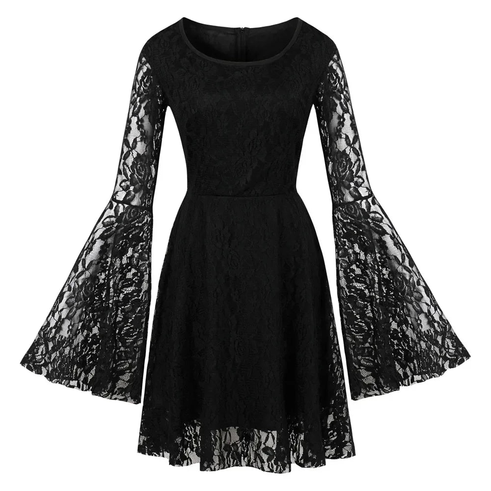 Gothic glam vintage lace flare mini dress with long sleeves, ideal for Halloween and party costumes, by PressureDen.store