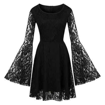 Gothic glam vintage lace flare mini dress with long sleeves, ideal for Halloween and party costumes, by PressureDen.store