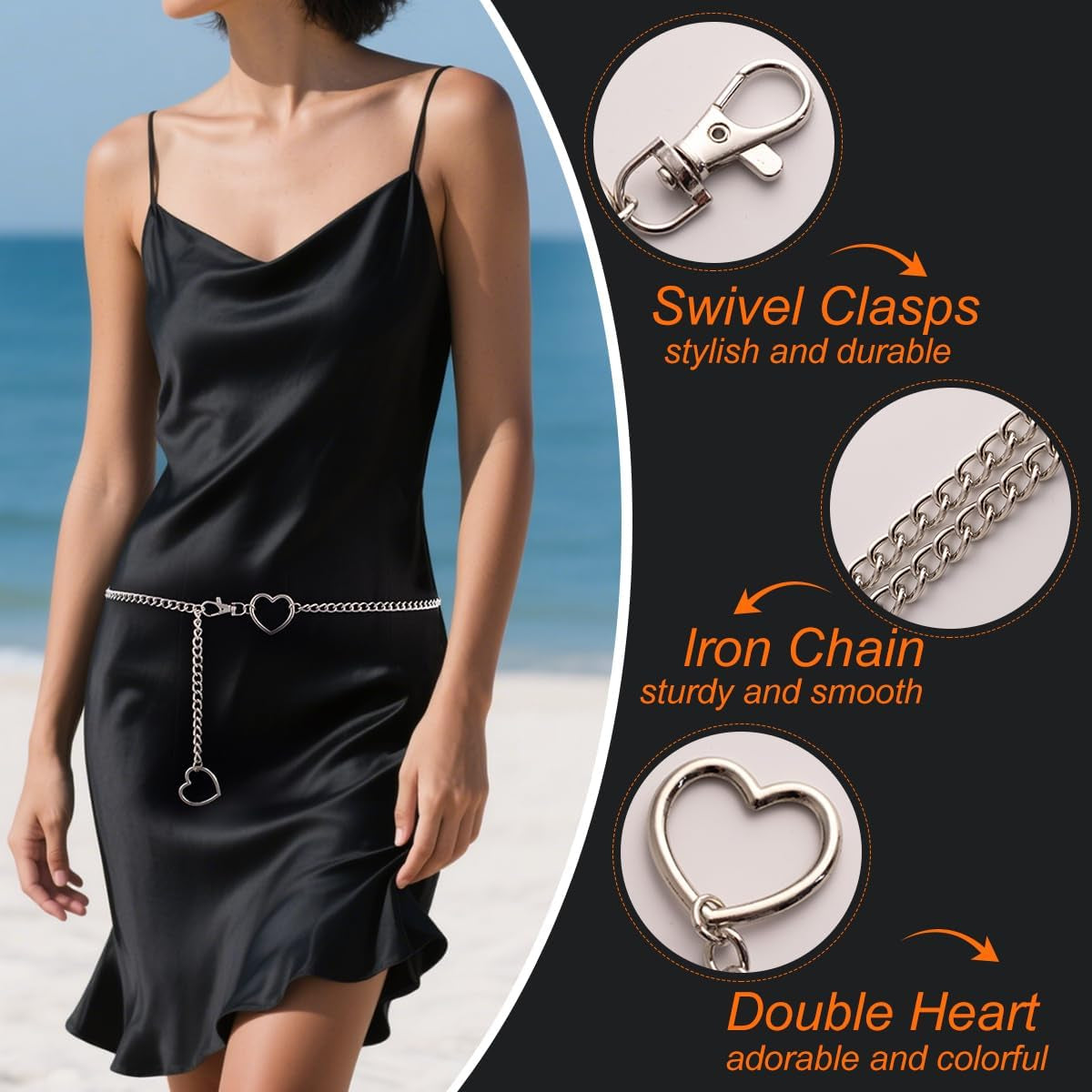 FNQUFUJ chic vintage heart waist chain, adjustable belly jewelry worn with dresses and jeans, featuring a stylish heart design.