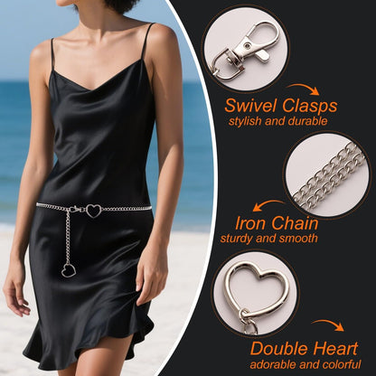 FNQUFUJ chic vintage heart waist chain, adjustable belly jewelry worn with dresses and jeans, featuring a stylish heart design.