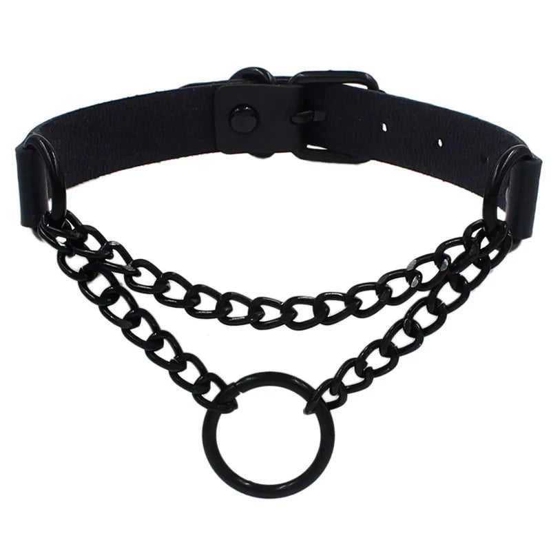 Black leather choker necklace with metal spikes, gothic punk jewelry perfect for parties and festivals.