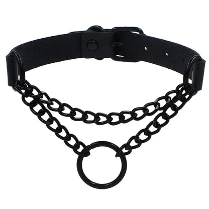 Black leather choker necklace with metal spikes, gothic punk jewelry perfect for parties and festivals.