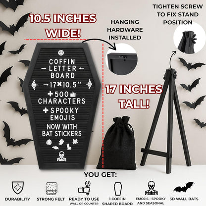 Coffin Letter Board Black +3D Bat Stickers +650 Characters, Spooky Seasonal Emojis, Wooden Stand - 17X10.5 Inches - Coffin Shaped Goth Decor Sign Halloween Decorations Gothic Decor Birthday Home Spooky Gifts
