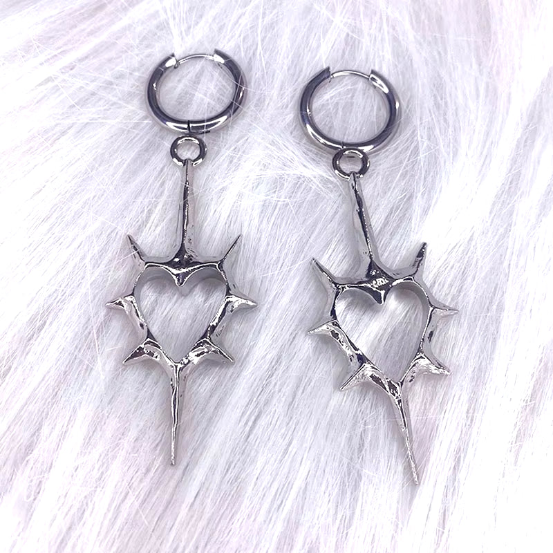 Gothic Thorn Heart Cross Earrings for women featuring punk grunge style, with dark metal design and intricate cross and heart details.