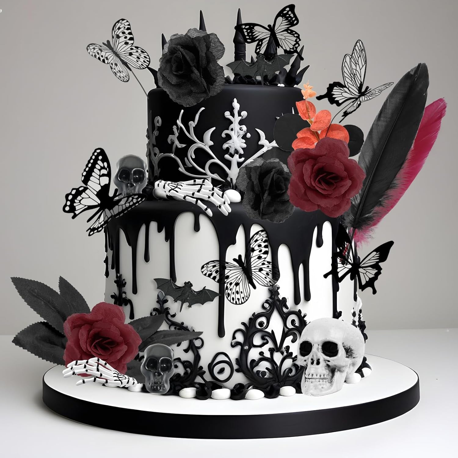 Gothic Cake Decorations - 26PCS Black Cake Toppers with Red Black Rose, Skull, Butterfly Cupcake Toppers for Goth Birthday, Wedding, Halloween
