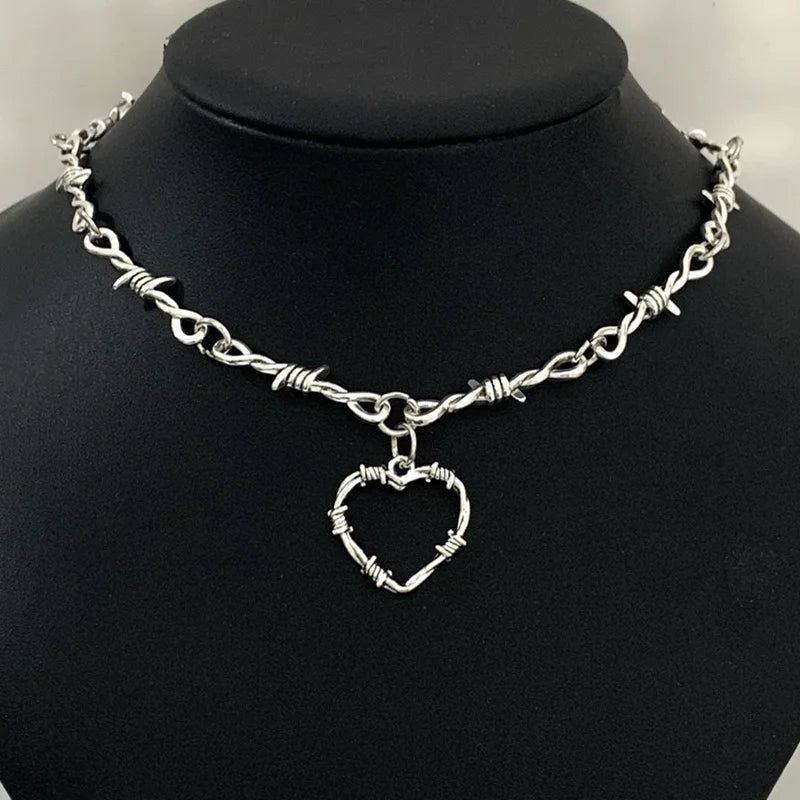 Gothic heart choker necklace with barbed wire design, hip-hop inspired jewelry for women, edgy gothic fashion accessory