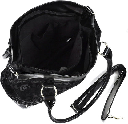 Large black steampunk ribcage skeleton cameo handbag by Lost Queen, featuring gothic design with intricate detailing and shoulder strap.