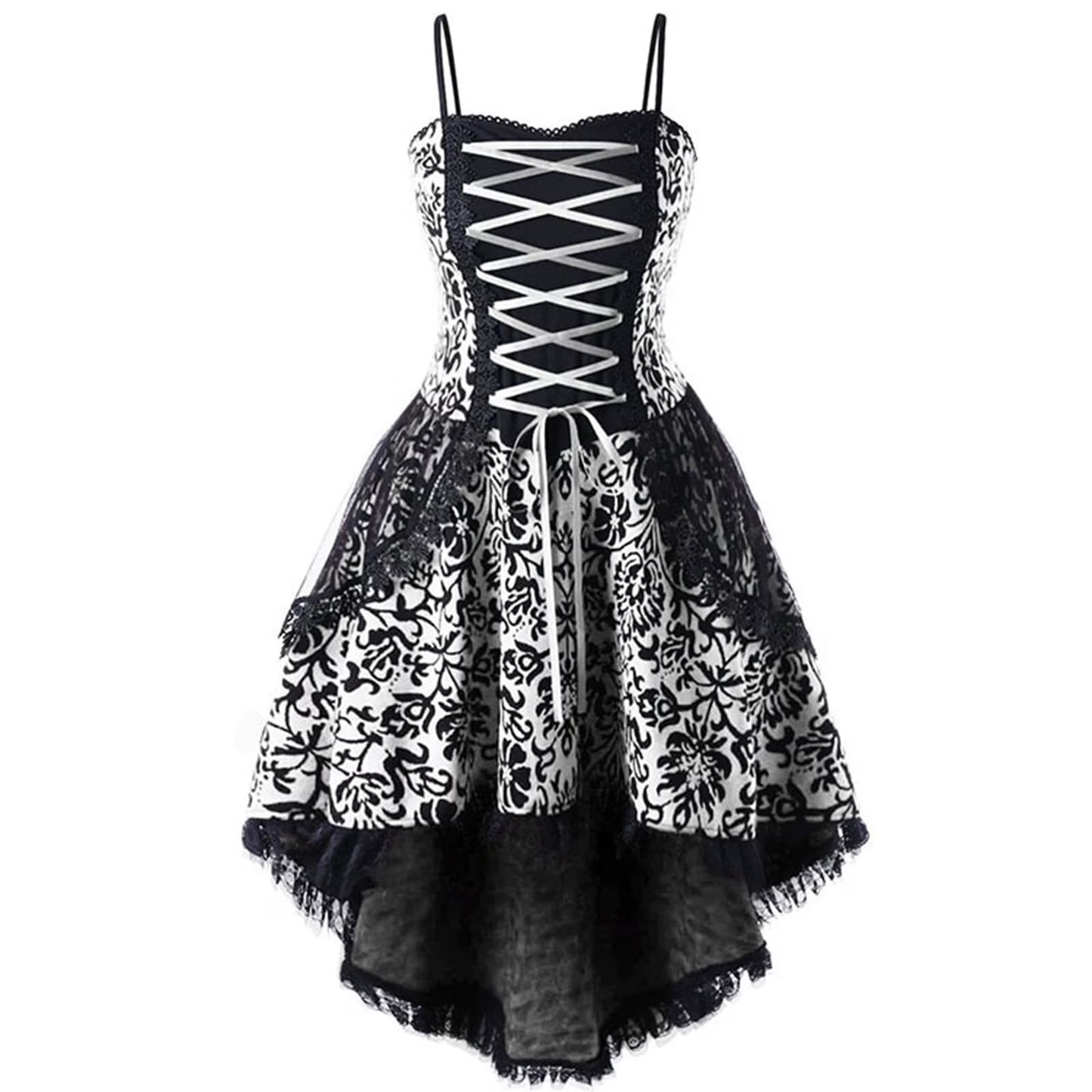 Plus size gothic Victorian corset dress with lace details, steampunk skirt, and masquerade gown style for elegant occasions.