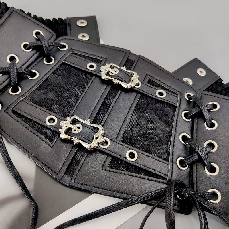 Plus size elastic lace corset belt for women, wide stretch cummerbund in brown and white, ideal for goth punk fashion.
