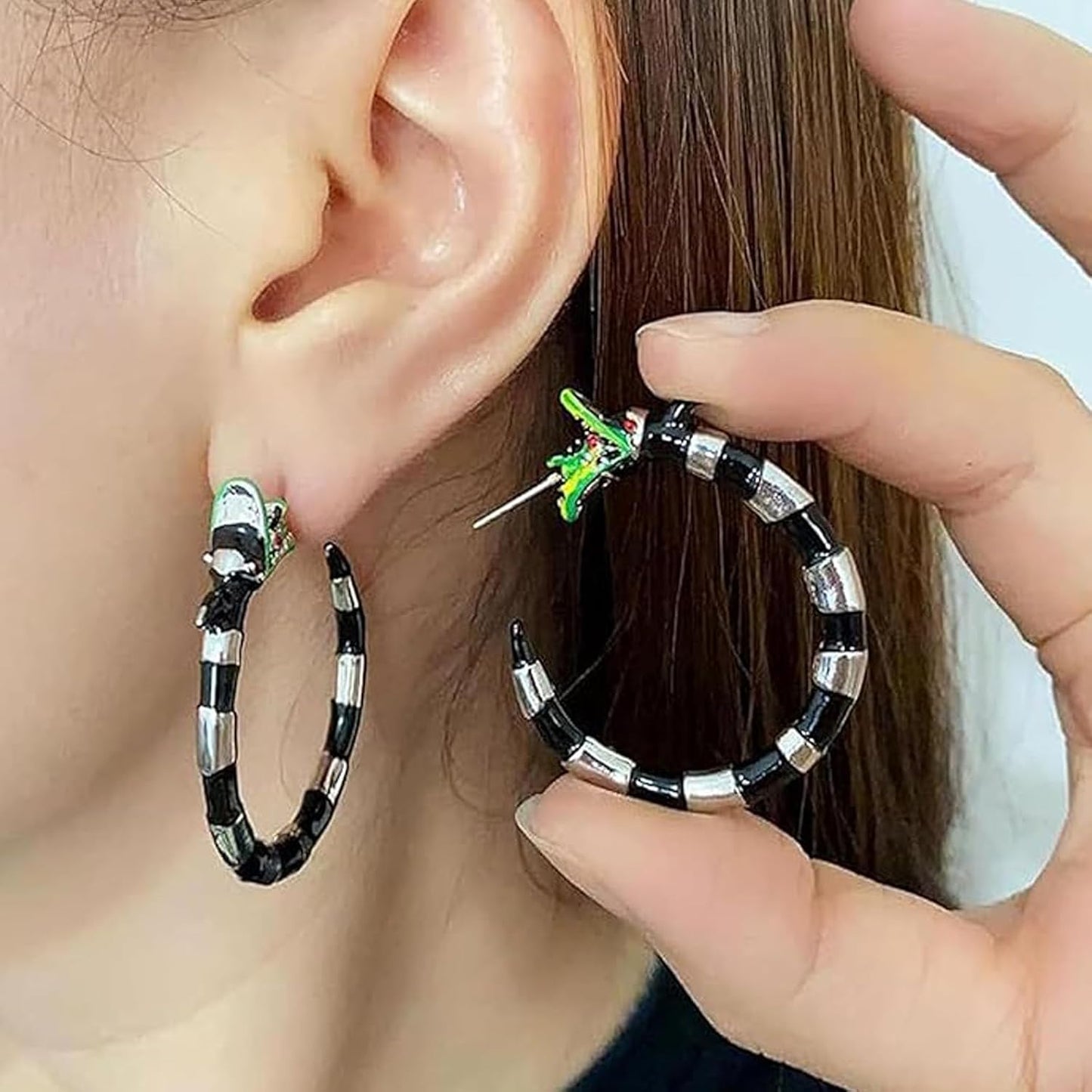 Gothic coral snake earrings by wsycoo featuring spooky enamel sandworm hoops with beetle design for Halloween and cosplay accessories.
