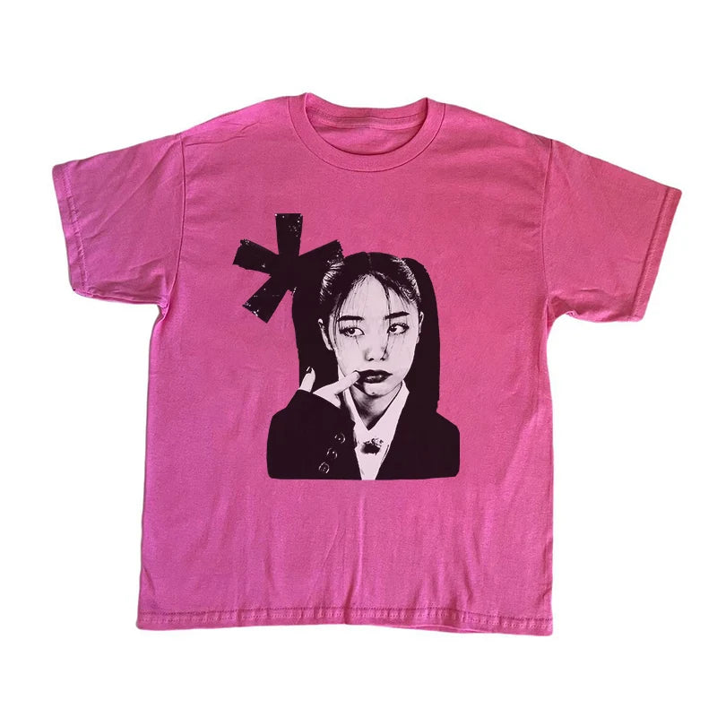 Unisex Y2K graphic print tee from PressureDen.store featuring hip hop and Harajuku style short sleeve shirt for punk streetwear enthusiasts.