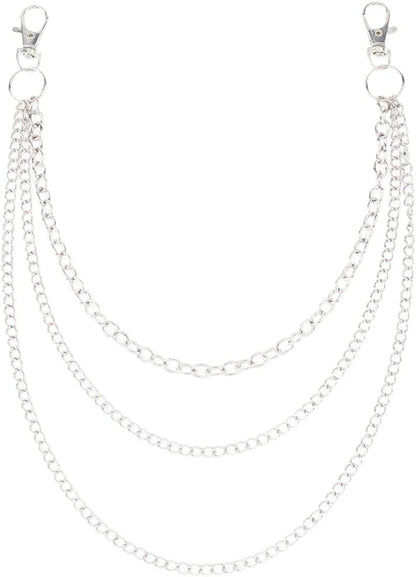 Silver punk layered chain by BEAMARKER, featuring wallet chain design perfect for hip hop, goth outfits, jeans, trousers, and festivals.