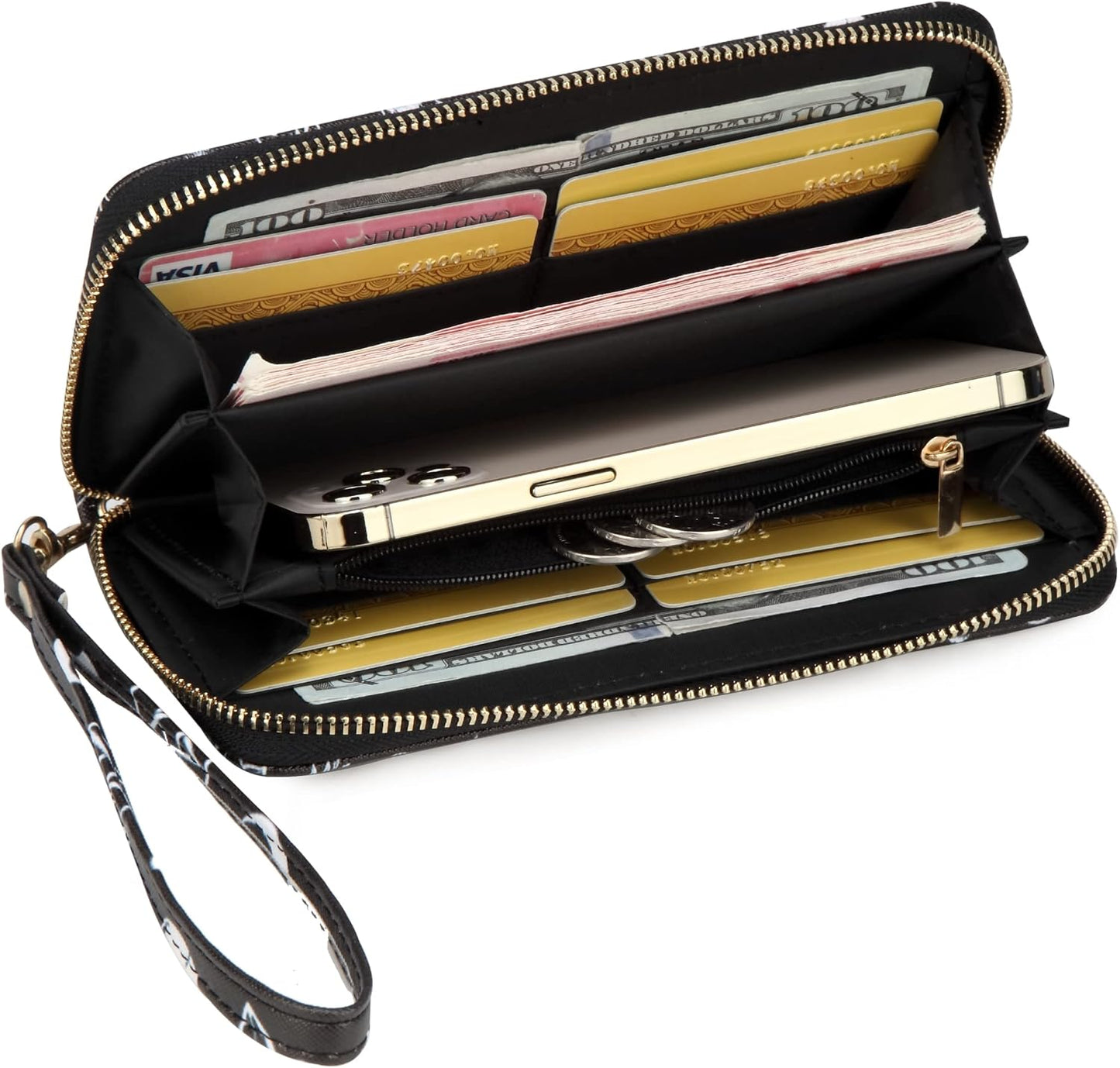 Fanwill checkered Highland cow print clutch wallet with goth frog and butterfly designs, zip closure, and wrist strap.