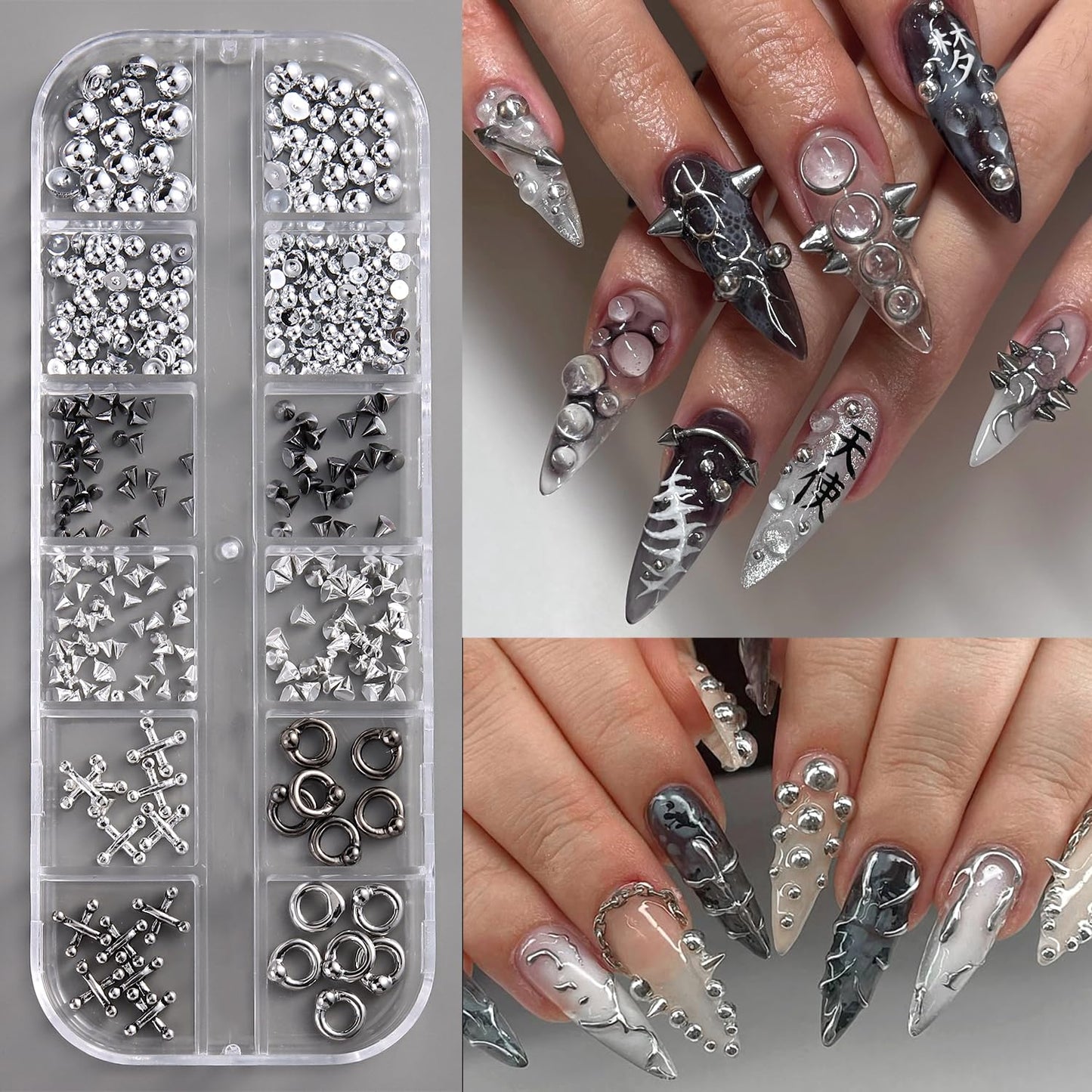 Black Gothic punk nail charms with 3D triangle and spike designs, silver alloy rivets for edgy Y2K manicure accessories.
