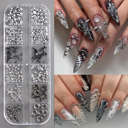 Black Gothic punk nail charms with 3D triangle and spike designs, silver alloy rivets for edgy Y2K manicure accessories.