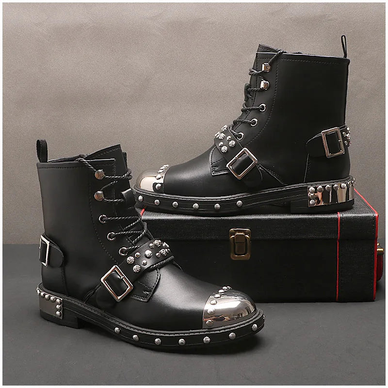 Men's leather punk goth motorcycle boots with lace-up design, rivets, and platform sole, featuring a rugged, rebellious style.