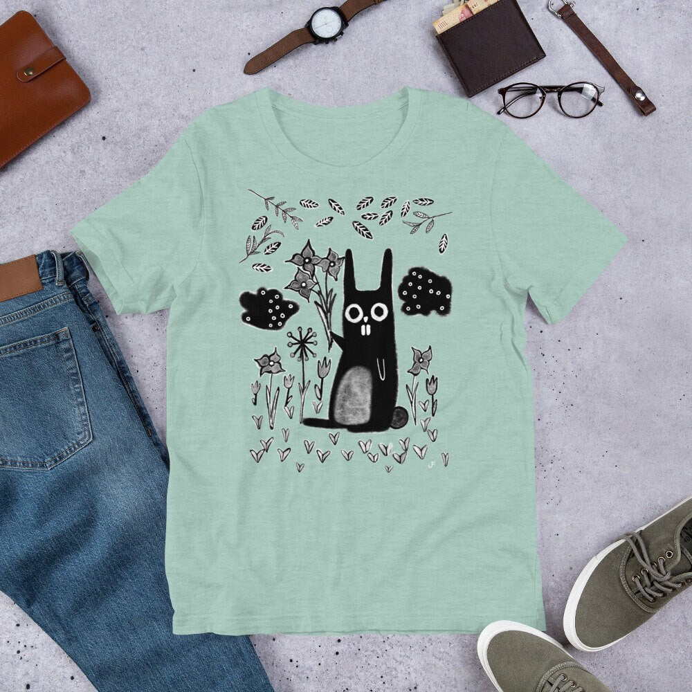 Whimsical garden rabbit T-shirt featuring quirky gothic emo design, perfect for birthdays and housewarming gifts.