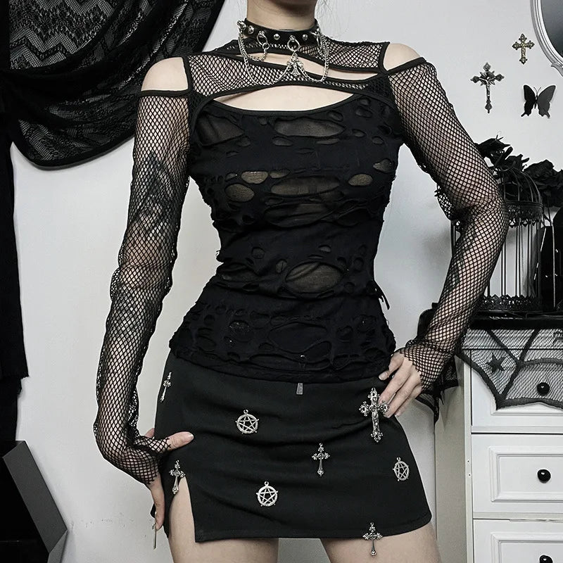 Edgy Frayed Mall Gothic Fishnet Long Sleeve Blouse - Sexy Grunge Punk Streetwear Top for Women