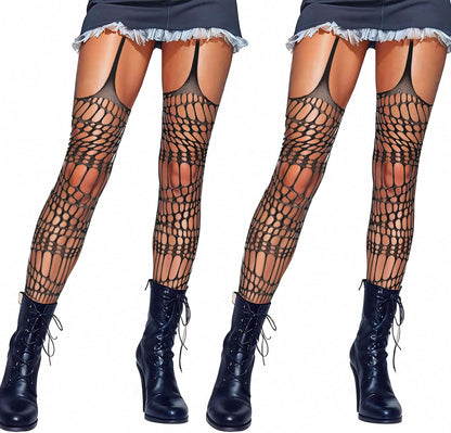 Lusofie 2-pack goth ripped fishnet tights with bold holes, ideal for Halloween, rave, and punk fashion styles.