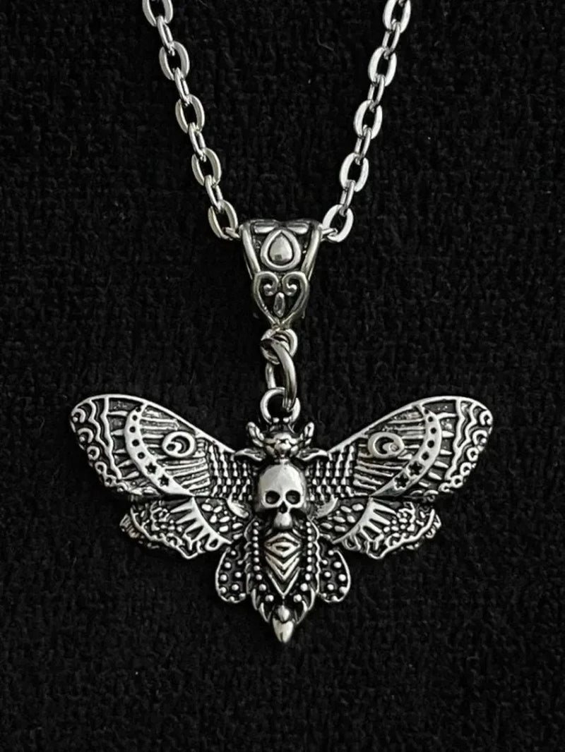 Gothic silver death moth necklace with 18-inch chain featuring a sugar skull butterfly pendant for emo rock style jewelry
