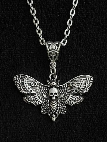 Gothic silver death moth necklace with 18-inch chain featuring a sugar skull butterfly pendant for emo rock style jewelry