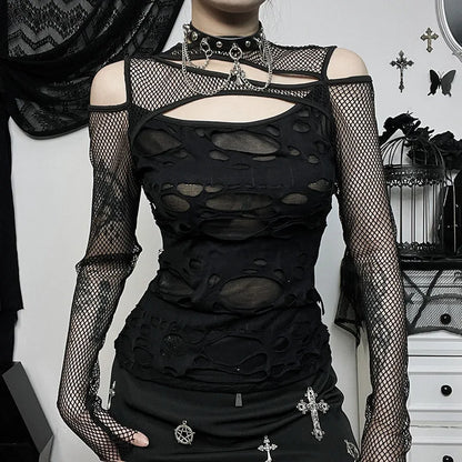 Edgy Frayed Mall Gothic Fishnet Long Sleeve Blouse - Sexy Grunge Punk Streetwear Top for Women