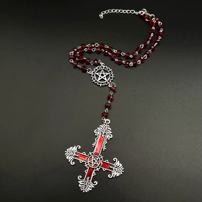 Pentagram Inverted Cross Rosary Baphomet Occult Gothic Sigil of Satanic Jewelry Devil Necklace Trad Goth Jewelry Gift Handmade