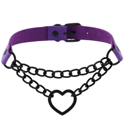 Purple goth punk leather choker necklace with black rivets and metal chain, unisex edgy emo style for Halloween and Y2K cosplay.