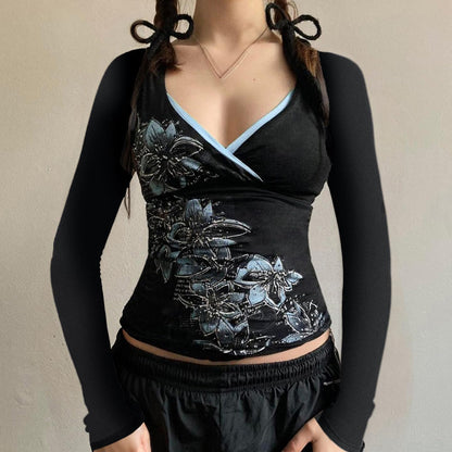GGOOB Y2K floral V-neck long sleeve top in vintage grunge style, featuring colorful floral print for trendy teens