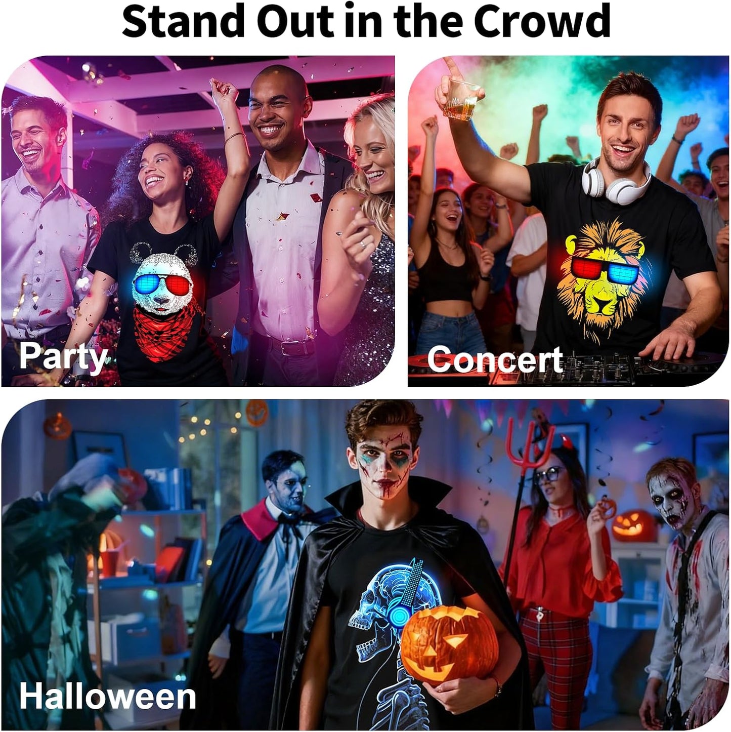 Glow in the Dark Sound-Activated LED T-Shirt for Men - Perfect for Raves, Parties, Concerts, and Halloween Events!