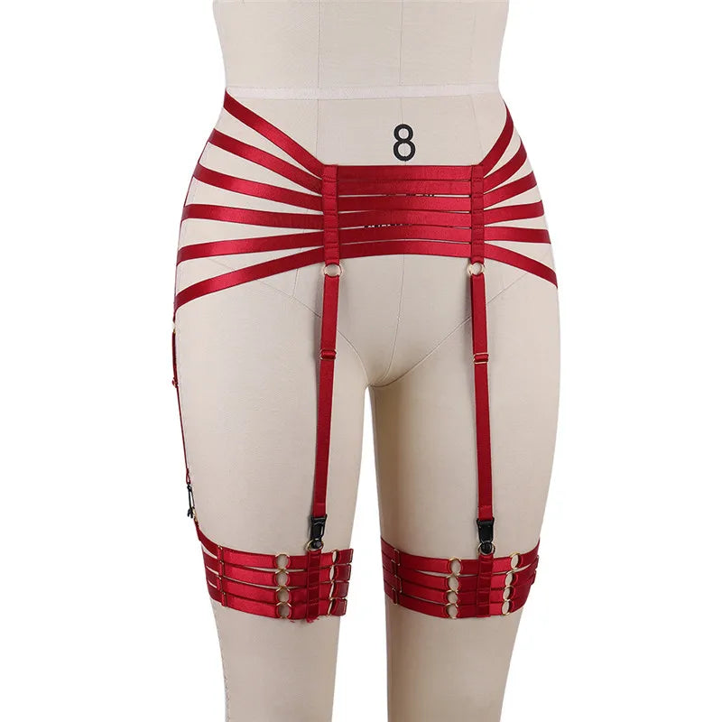 Red Garters Belt Body Harness Bondage Stockings Suspenders Belt Elastic Adjust Strap Lingerie Goth Fetish Dance Wear