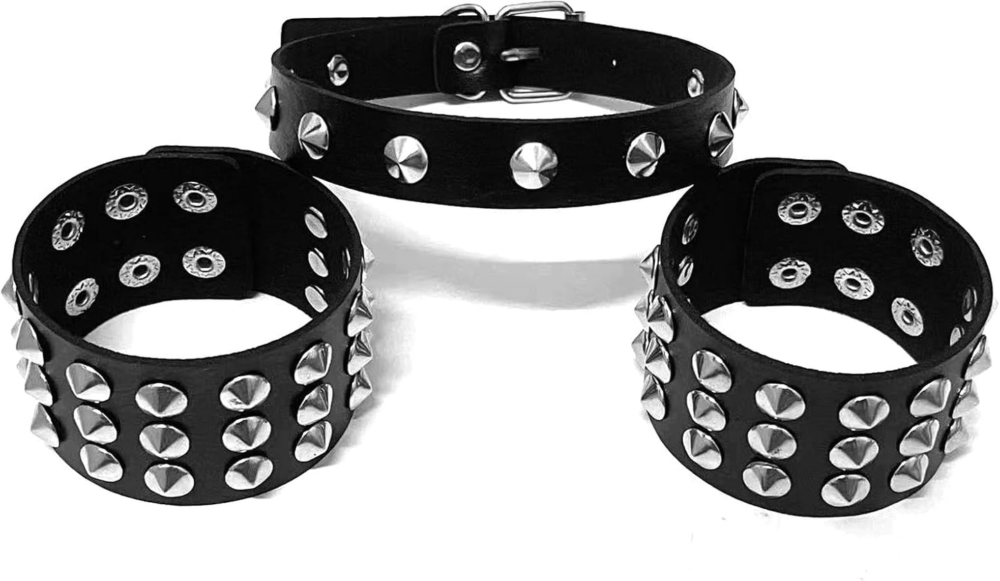 Tosmifairy punk rock leather choker and bracelet set with metal studs, ideal for 80s and 90s emo goth fashion accessories.