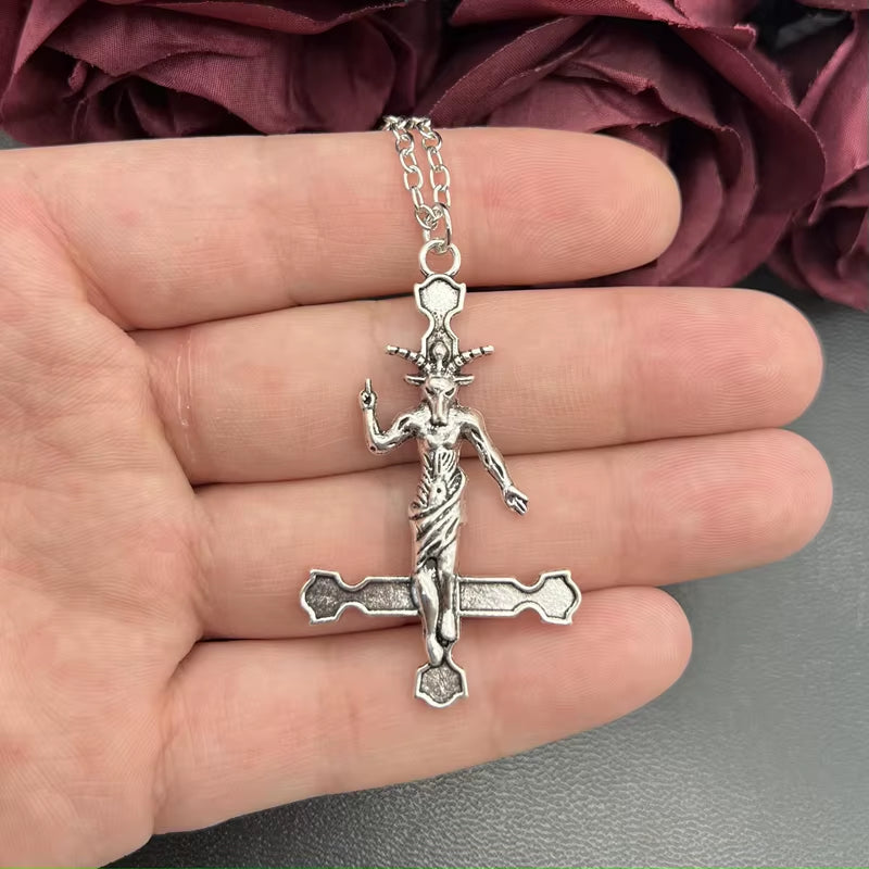 Edgy Baphomet pendant necklace with inverted cross, featuring bold satanic jewelry design for a striking, gothic style.