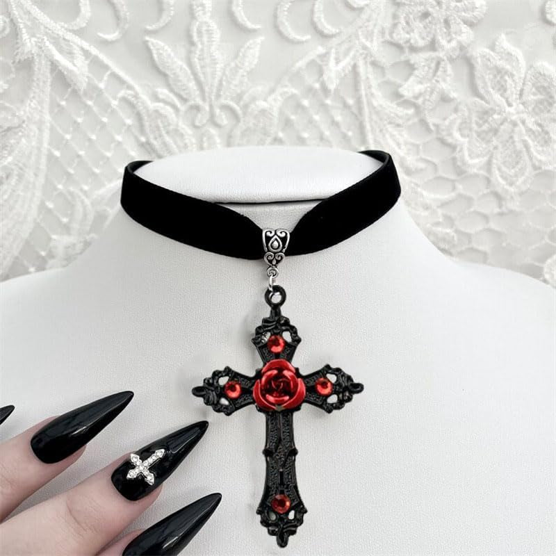 Gothic Cross Choker Necklace for Women Goth Emo Grunge Jewelry Accessories Y2K Red Black Halloween Christmas Gift